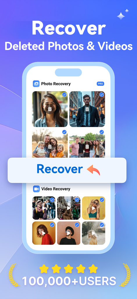 Interface of the Photo Recovery app showing deleted photos and videos ready to be restored.