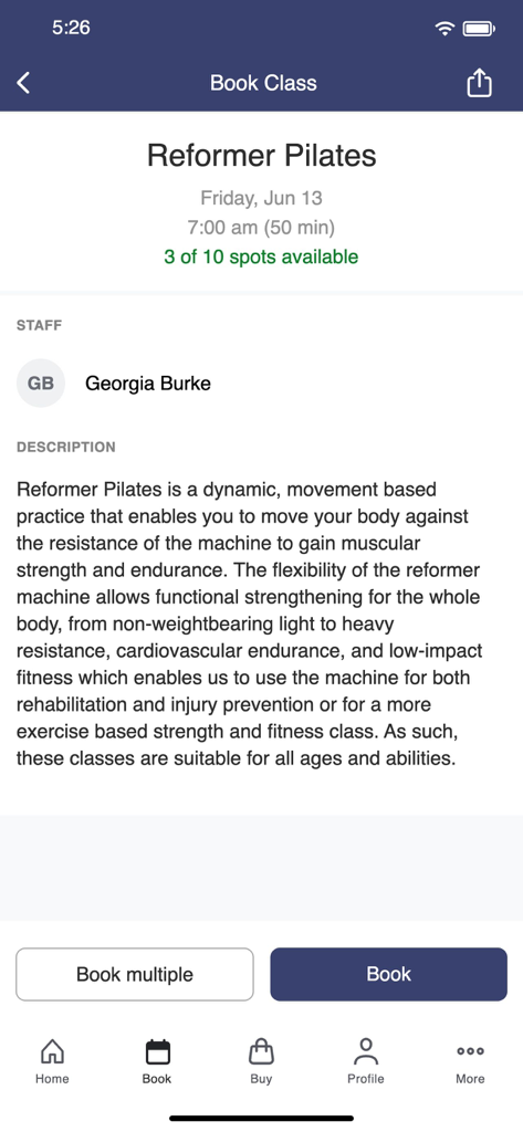 Khandallah Reformer Pilates - Booking screen of the Khandallah Reformer Pilates app displaying class details and instructor information