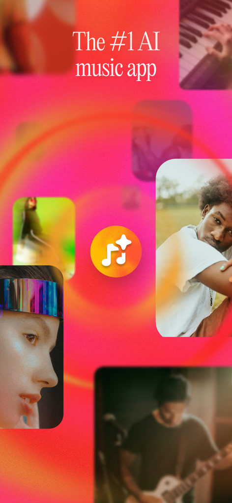 Tela de introdução para Suno AI Songs and Music Maker com diversos músicos e o slogan O aplicativo de música de IA número 1