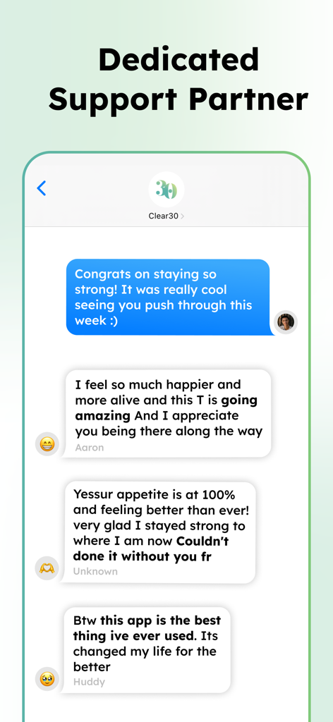 Clear30: Quit Smoking Weed - Screenshot of the Clear30 app chat interface showing supportive messages and user testimonials about quitting weed