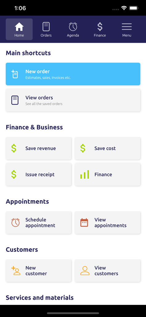 Mobile app dashboard for managing business orders finance and client appointments