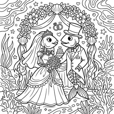 Discover a truly unique celebration with this intricate coloring page featuring two fish skeletons as a happy bride and groom. Perfect for adding a splash of color to an unconventional underwater wedding.