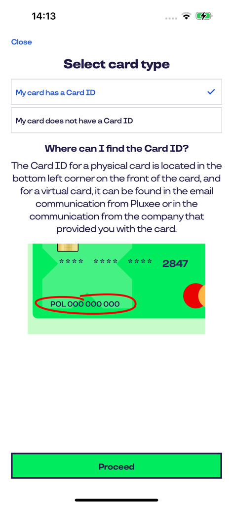 Pluxee Polska - Interfaz para seleccionar el tipo de tarjeta y localizar el ID de la tarjeta en una tarjeta física de Pluxee.