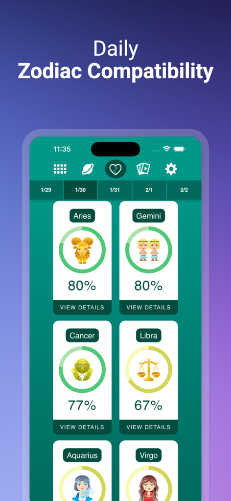 Horoscopes - A screenshot of the Horoscopes app showing daily compatibility percentages for various zodiac signs