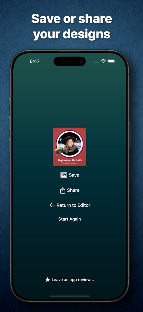 Like A Frame - Save or share screen in the Like A Frame app displaying a framed professional portrait design.