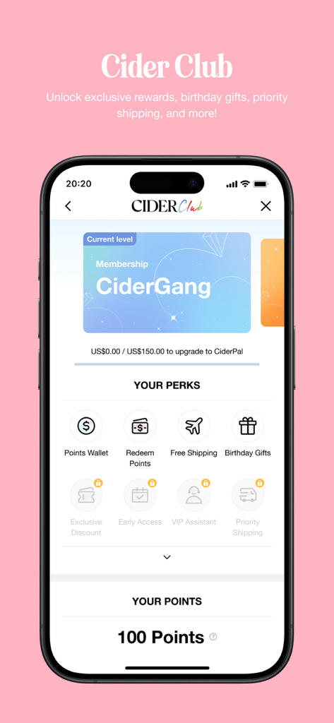 CIDER - Clothing & Fashion - Cider Club loyalty program membership screen showing rewards and points