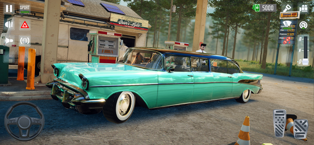 Taxi Car Simulator : EVO - A classic turquoise limousine parked at a gas station in Taxi Car Simulator EVO.