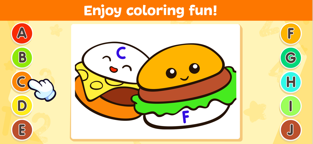 Coloring Games for Kids 2-5 - Educational coloring game interface for toddlers featuring cartoon burgers and letter recognition activities