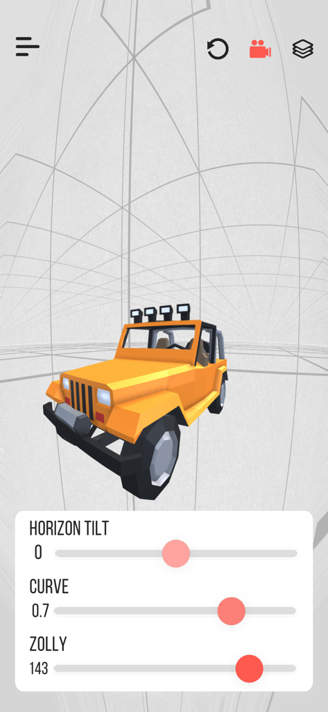 Zolly - Perspective Models - Ein gelbes 3D-Jeep-Modell in einem Perspektivgitter mit Reglern zur Anpassung der Kameraverzerrung