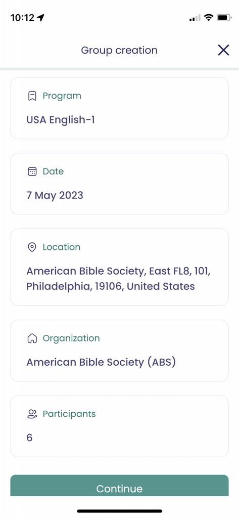THI Mobile App - Group creation screen in the THI Mobile App showing session details like program, location, and participants.