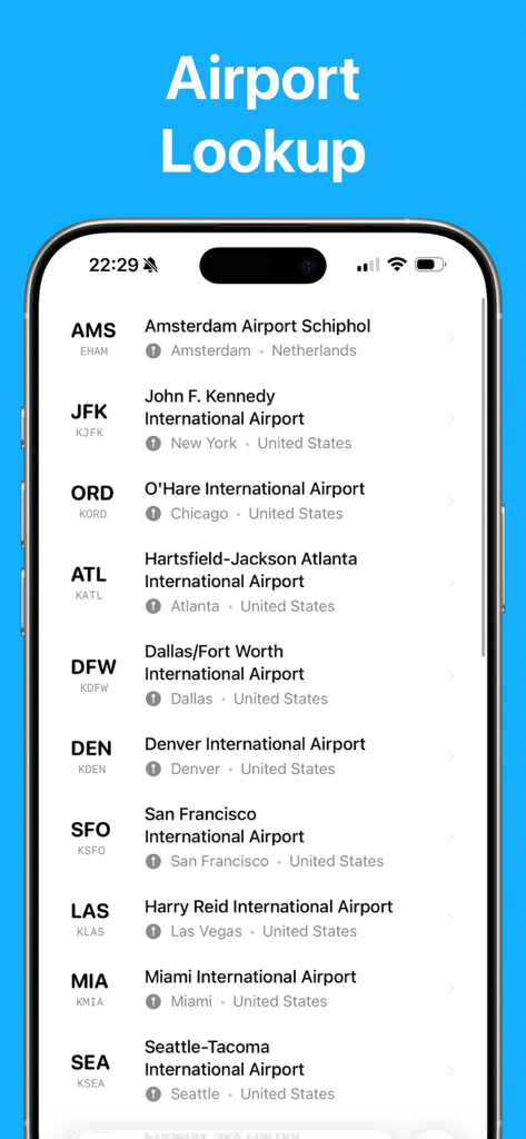 Aviary - Live ATC - Pantalla de la aplicación Aviary mostrando una lista de búsqueda de aeropuertos con códigos IATA e ICAO