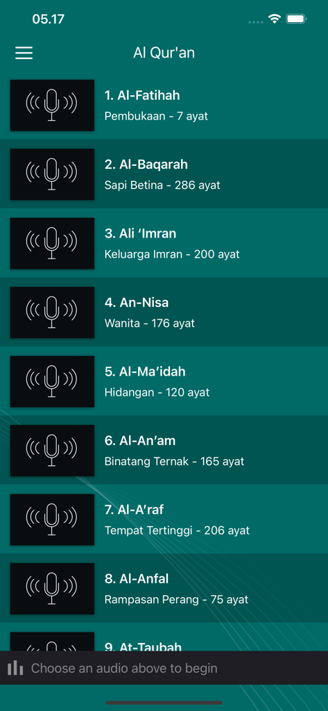 Wazma - Al Quran Murottal - A list of Quran chapters with Indonesian translations displayed in the Wazma app interface.