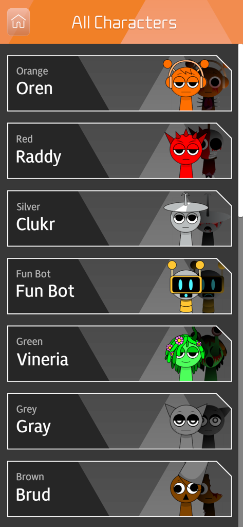 All Mods SP Guide - Lista de personagens no aplicativo All Mods SP Guide mostrando versões fofas e de terror de Oren Raddy e Vineria.