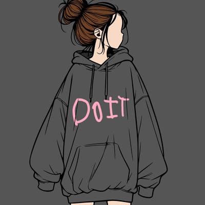 realistic girl with a oversized sweatshirt on and a bun