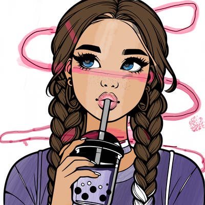 realistic girl with braided hair drinking boba