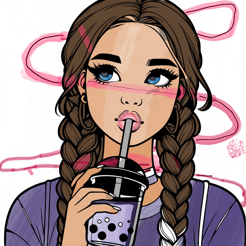 realistic girl with braided hair drinking boba