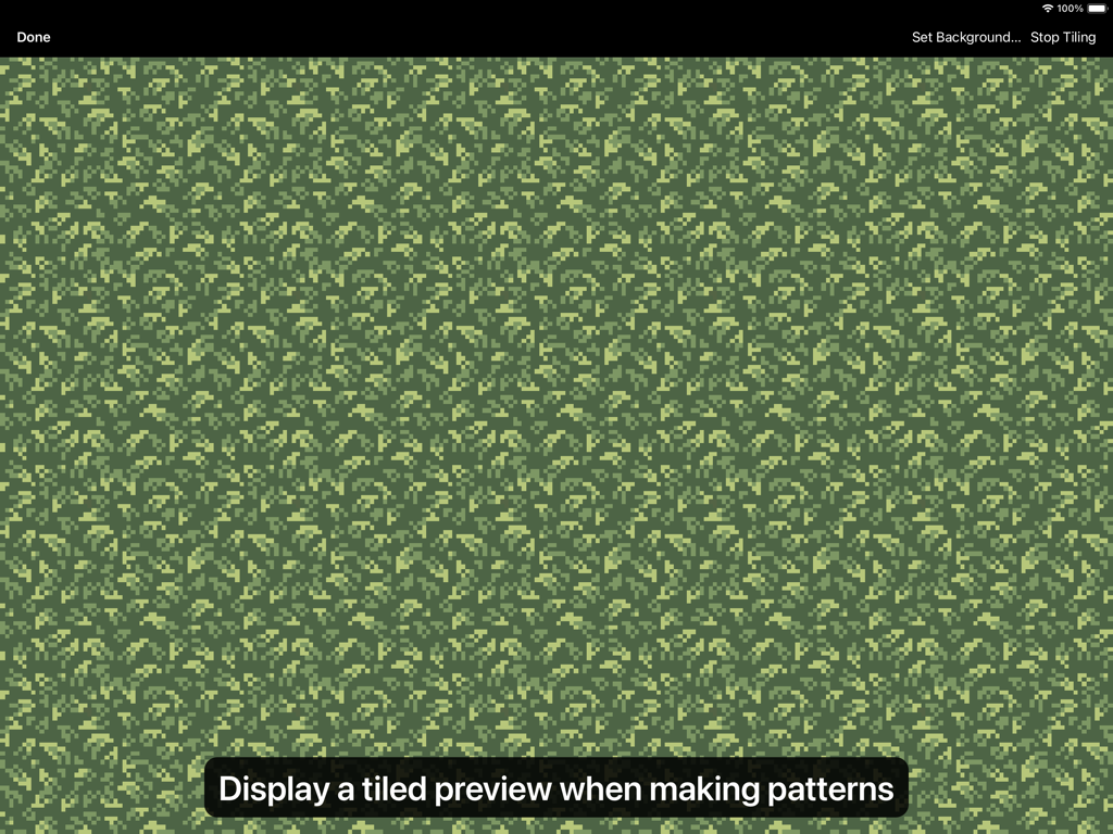A tiled preview of a green foliage pixel art pattern in the Pixen app interface