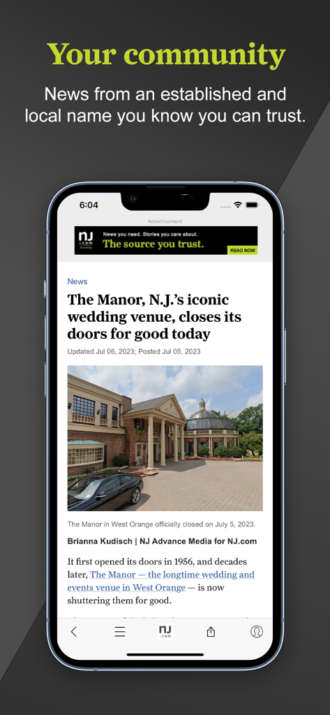 NJ.com - Smartphone displaying the NJ.com news app with a local headline about a New Jersey wedding venue closing.