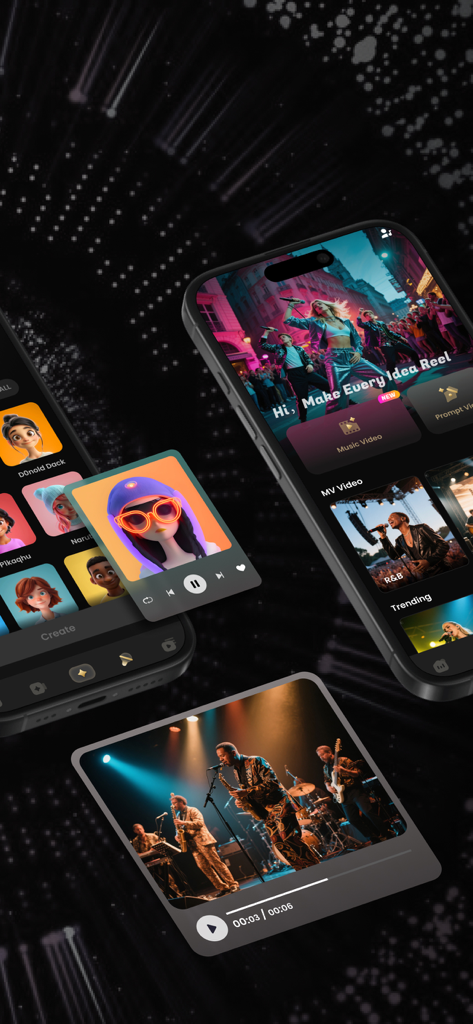 スマートフォン画面にMusic AIアプリのインターフェースを表示し、ミュージックビデオやAIカバーの生成
