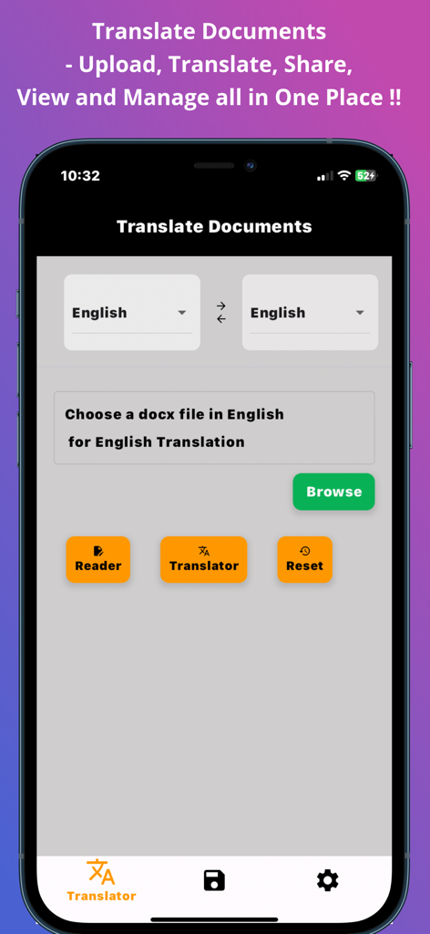 Mobile app interface for uploading and translating docx files with language selection