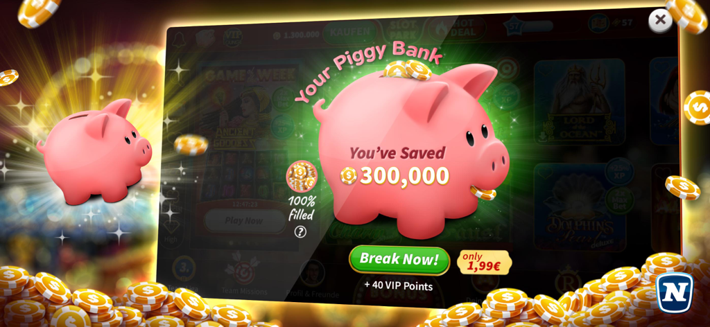 Slotpark Casino Slots Online - 300,000コインが貯まっているSlotpark Casinoアプリのピギーバンク貯蓄機能と「今すぐ割る」ボタン