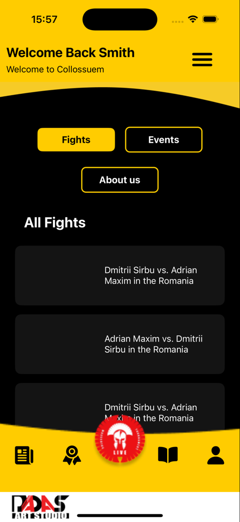 The home screen of the Colosseum Kickboxing Live app displaying a list of matches and navigation menu.