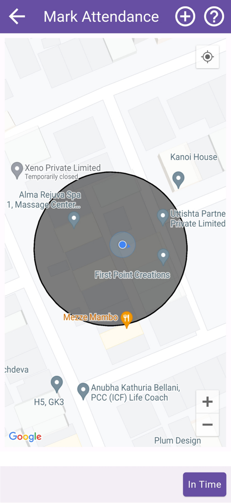 EazeWork mobile app screen showing GPS based attendance marking with map geofencing