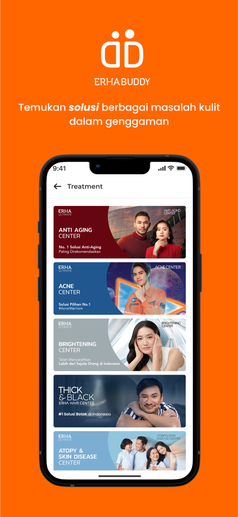 ERHA BUDDYモバイルアプリの画面。さまざまなクリニカルスキンケアトリートメントセンターが表示されています。