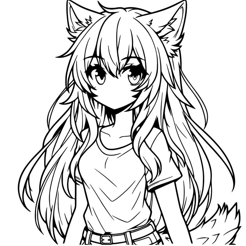 manga girl with wolf ears long hair jeans and t-shrit