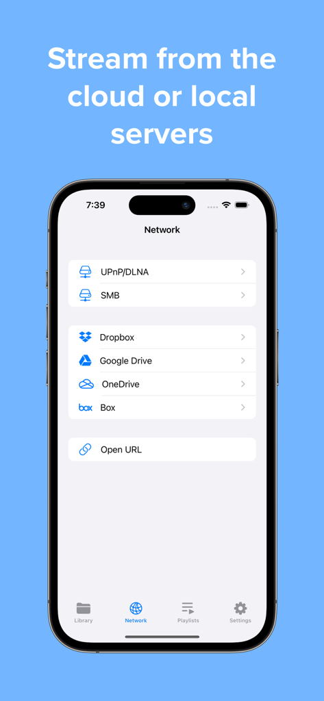 Video Player - PIP and more - Interfaz de la aplicación para transmitir videos desde servidores locales y almacenamiento en la nube como Google Drive y Dropbox.