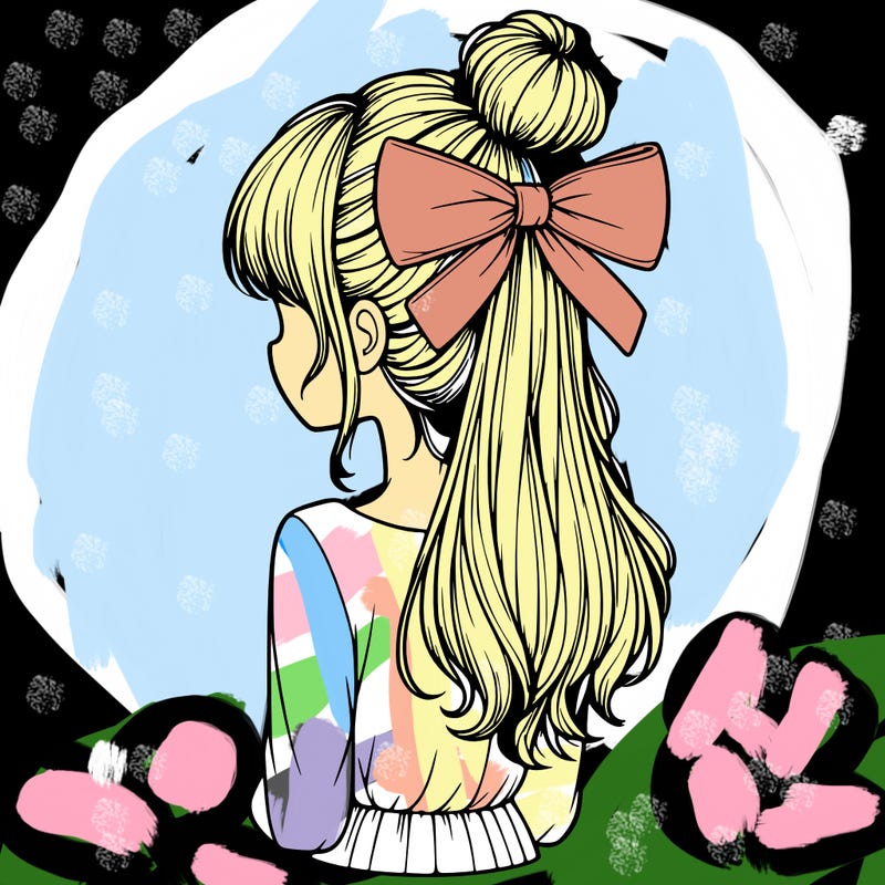 realistic girl  with hip length hair a bun and a big bow on the back of head