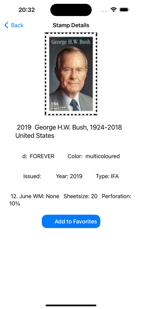 Stamp Collector: World Catalog - George H.W. Bush United States postage stamp details screen