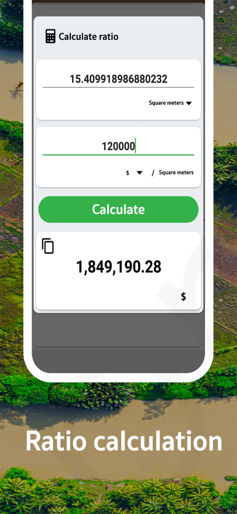 GLand: GPS Field Area Measure - A screenshot of the GLand app showing a land value ratio calculation based on square meters and price.