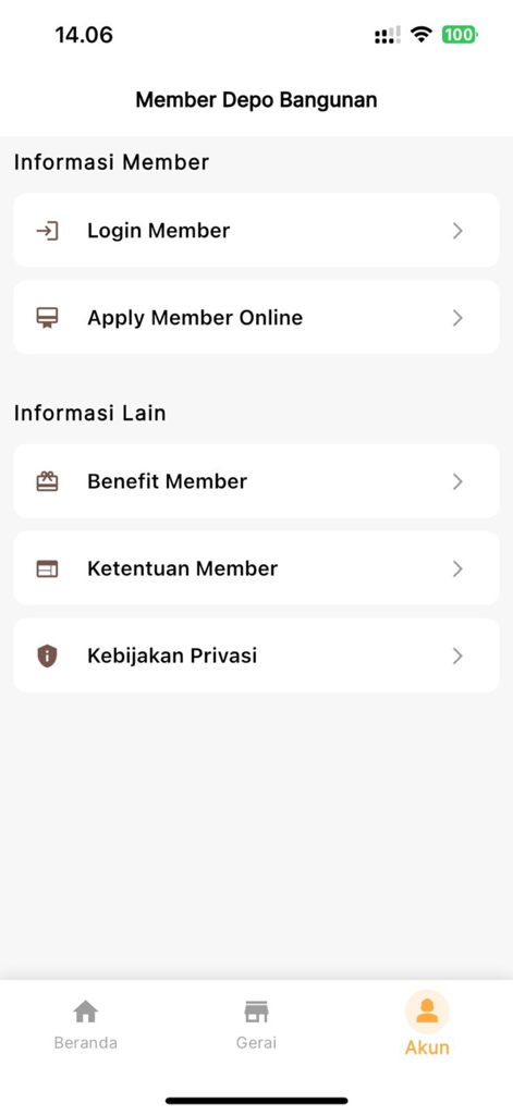 Account and membership settings screen in the Depo Bangunan app showing options for member login and rewards.