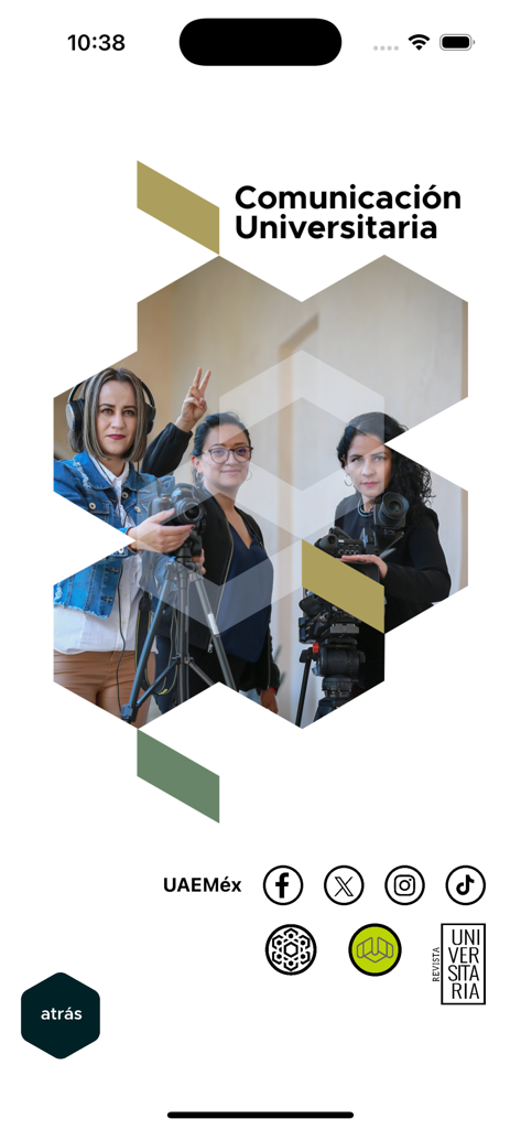 UAEMéx - UAEMéx app screen showing the university communication section with social media icons and photos of university media staff