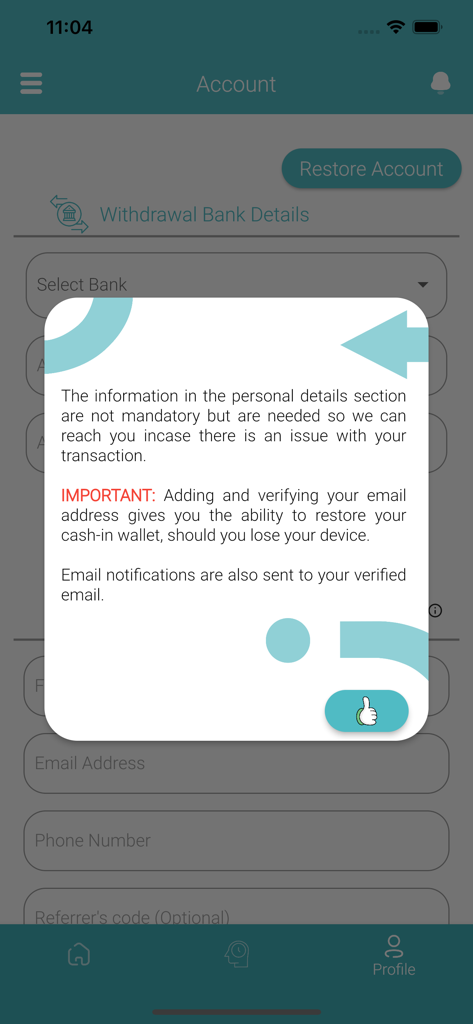 Cash-in: Crypto to naira app - Cash-in app account screen displaying a popup about the importance of email verification for account recovery and notifications