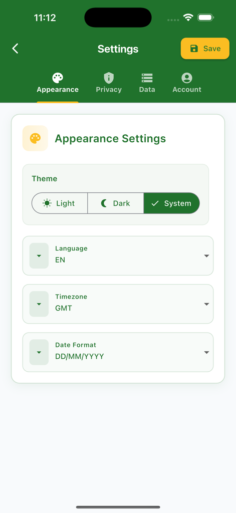 DVLA Ghana - Appearance settings interface in the DVLA Ghana mobile app showing theme and regional preferences