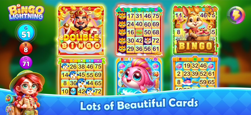 Bingo Lightning - Una variedad de coloridas cartas de bingo temáticas en la aplicación Bingo Lightning.