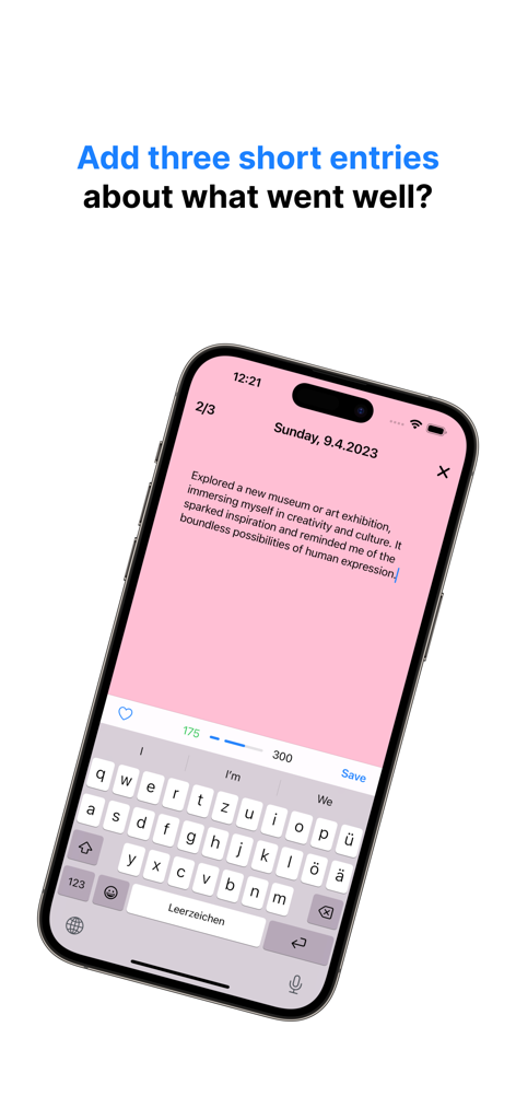 Diary+: Gratitude, Mindfulness - Diary plusアプリで感謝ジャーナルエントリを表示しているiPhone画面