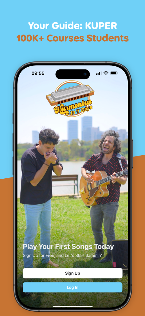 Learn Harmonica In 7 Days - The onboarding screen for the Learn Harmonica In 7 Days app featuring Alon Kuper playing music in a park