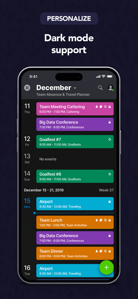 Teamup Calendar - 색상별로 구분된 팀 일정을 보여주는 다크 모드 기반의 Teamup Calendar 앱 인터페이스.