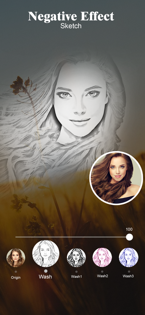 Um retrato transformado em um esboço usando os filtros do aplicativo Negative Photo