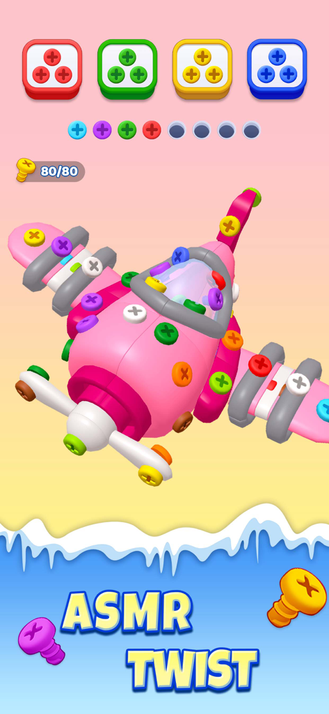 Unscrew Frenzy 3D - A pink 3D toy airplane with colorful screws and matching color sorting boxes