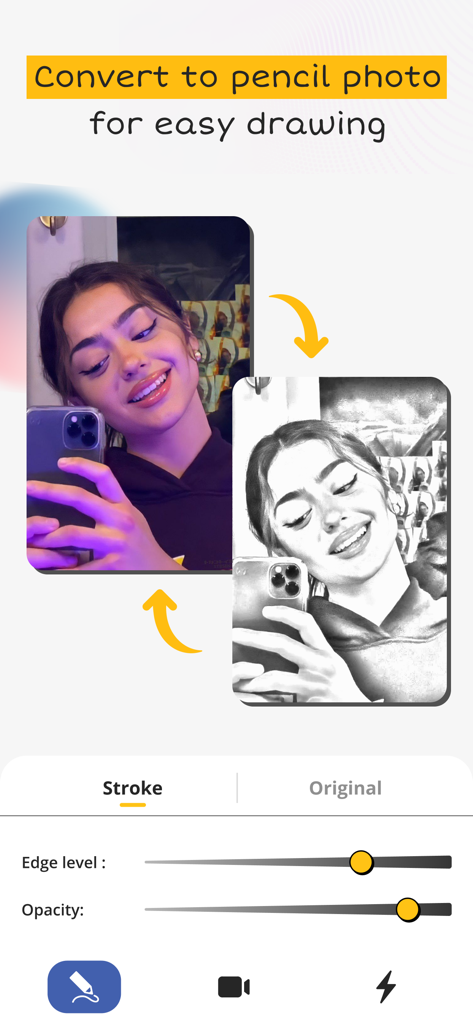AR Sketch Studio - Interface showing how to convert a selfie into a pencil sketch for easy drawing and tracing