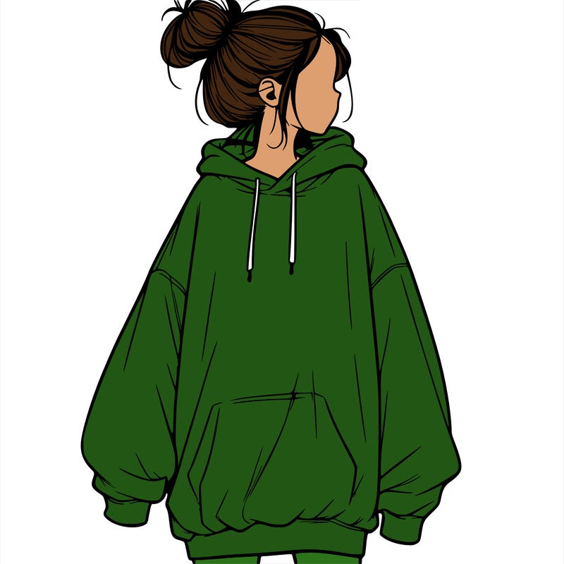 realistic girl with a oversized sweatshirt on and a bun