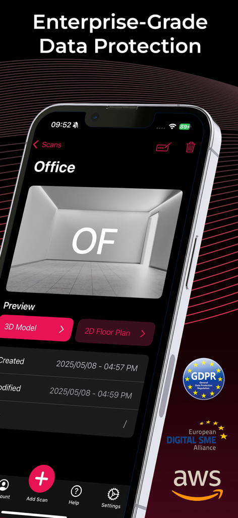 Metaroom - 3D Room Scanner - Interface de l'application Metaroom mettant en évidence la protection des données de niveau entreprise et la conformité GDPR