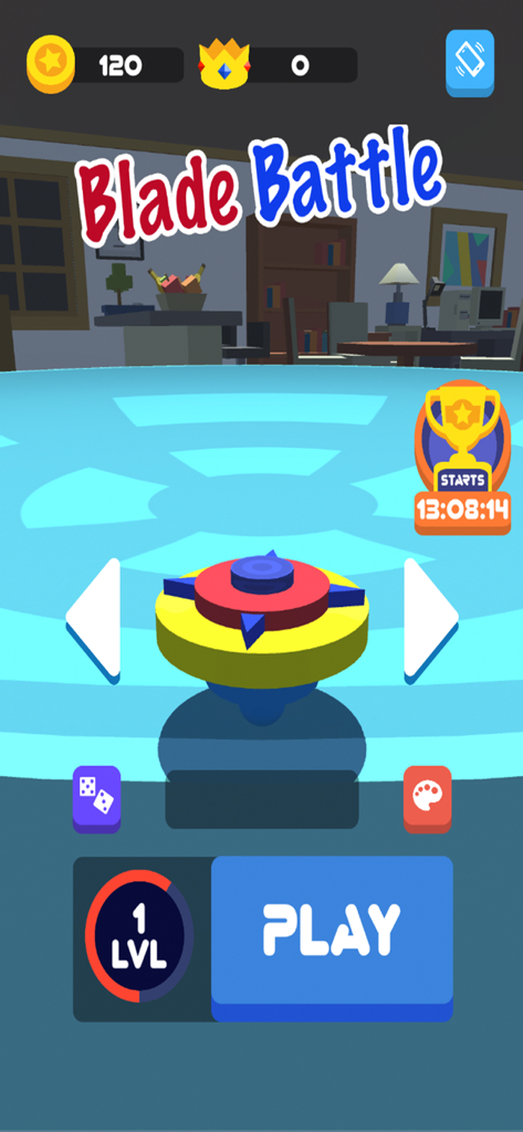 Blade Battle IO main menu featuring a colorful spinning top and play button