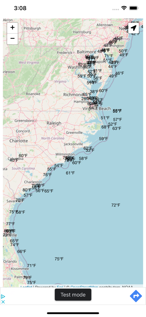 Ocean Water Temperatures - Map view of the United States East Coast showing real time water temperatures in Fahrenheit from NOAA buoy data.