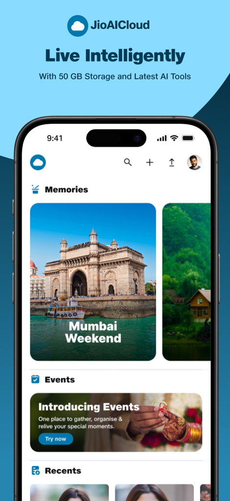 JioAICloud - Storage & Photos - JioAICloud app interface showing 50GB free storage headline and a photo album titled Mumbai Weekend