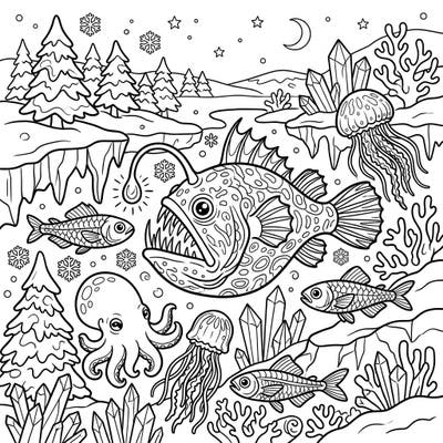 Unleash your creativity with this unique coloring page featuring mysterious deep-sea creatures like an anglerfish and octopus, reimagined in a frosty winter wonderland. Discover the magic of icy depths and snowy landscapes, ready for your vibrant colors.